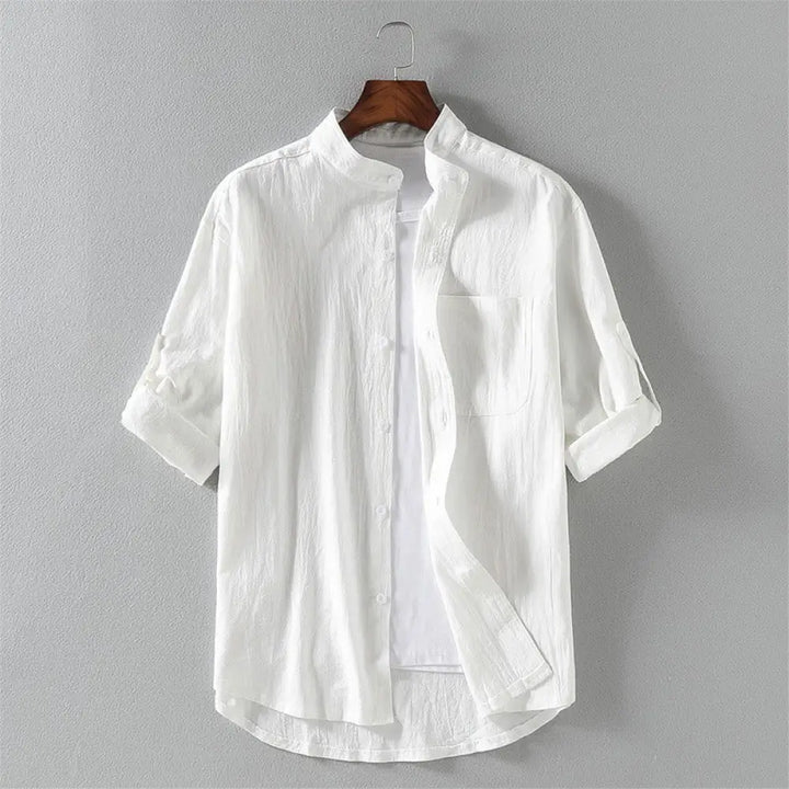 Buddha Stones Summer Solid Men’s Buttons Half Sleeve Cotton Linen Shirt - White / US/UK/AU36，EU46 (L) - Men’s Shirts