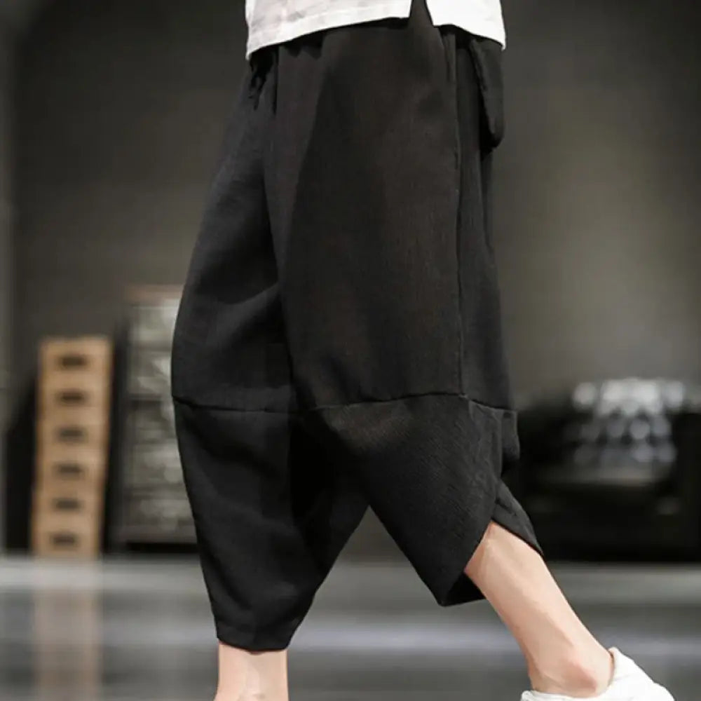 Buddha Stones Summer Solid Men’s Cropped Pants With Pockets - Black / US/UK/AU34，EU44 (M) - Men’s Pants