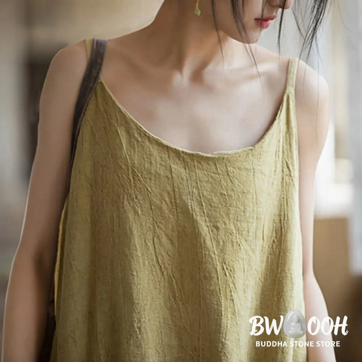 Buddha Stones Summer Spaghetti Strap Handmade Tie Dye Linen Midi Cami Dress - Midi Dress
