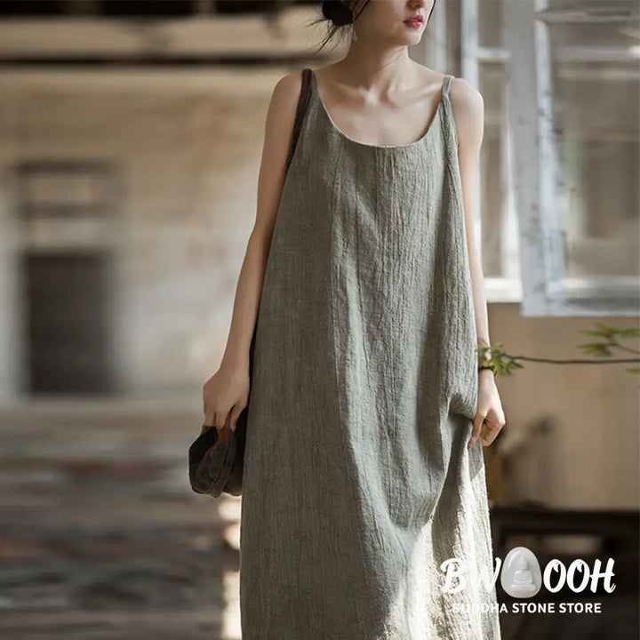 Buddha Stones Summer Spaghetti Strap Handmade Tie Dye Linen Midi Cami Dress - Midi Dress
