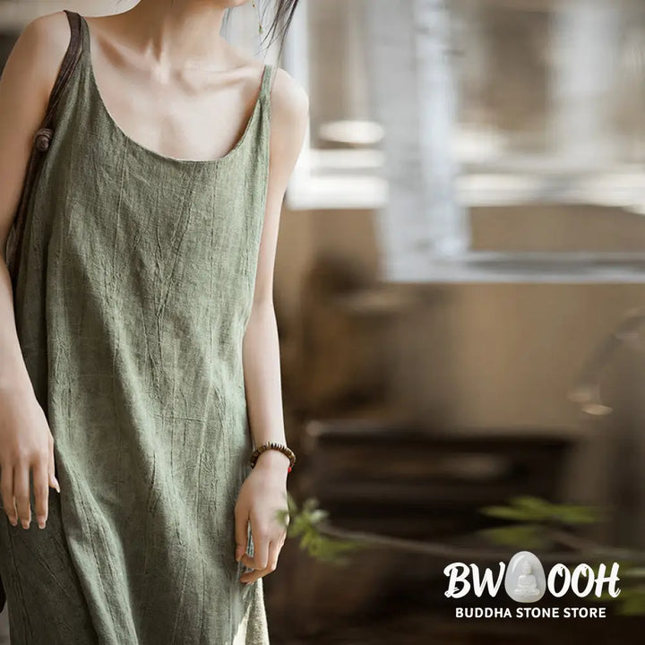 Buddha Stones Summer Spaghetti Strap Handmade Tie Dye Linen Midi Cami Dress - Midi Dress