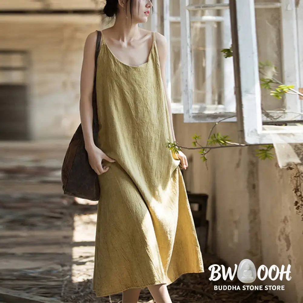 Buddha Stones Summer Spaghetti Strap Handmade Tie Dye Linen Midi Cami Dress - Midi Dress
