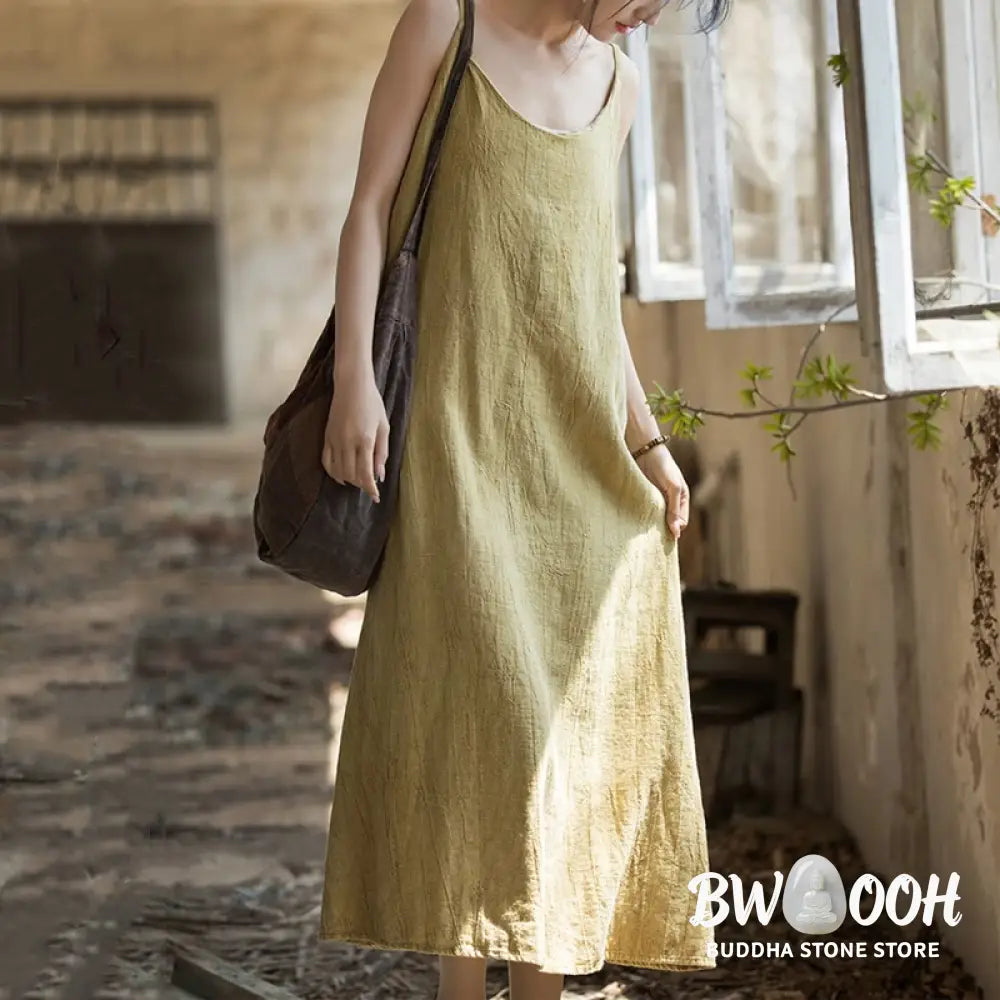 Buddha Stones Summer Spaghetti Strap Handmade Tie Dye Linen Midi Cami Dress - Midi Dress
