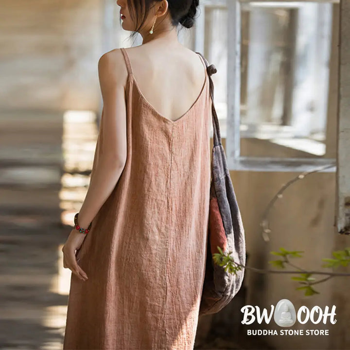 Buddha Stones Summer Spaghetti Strap Handmade Tie Dye Linen Midi Cami Dress - Midi Dress