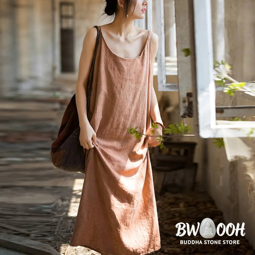 Buddha Stones Summer Spaghetti Strap Handmade Tie Dye Linen Midi Cami Dress - Midi Dress