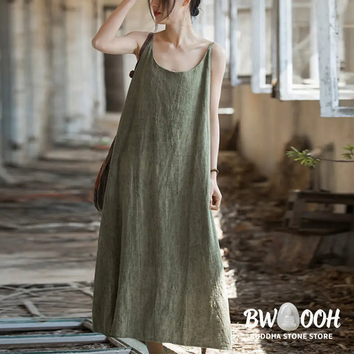 Buddha Stones Summer Spaghetti Strap Handmade Tie Dye Linen Midi Cami Dress - Midi Dress