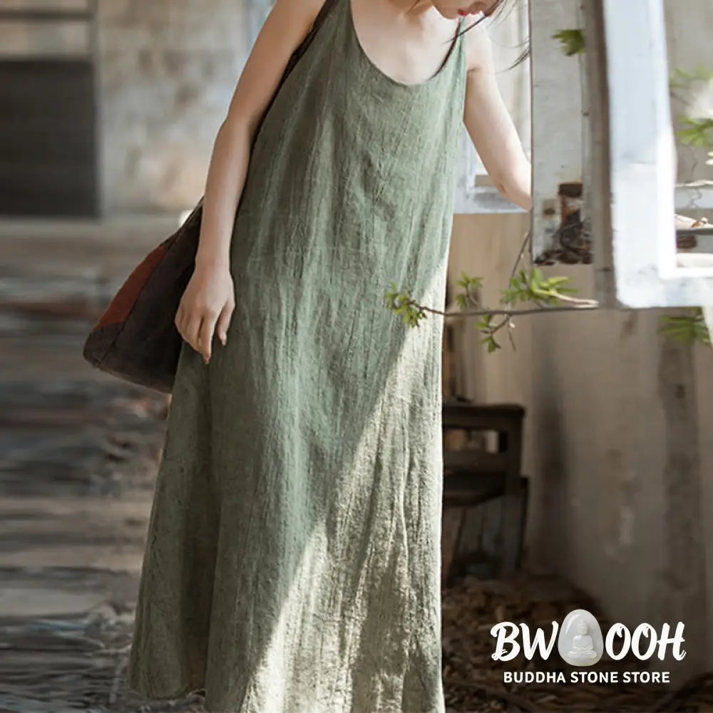Buddha Stones Summer Spaghetti Strap Handmade Tie Dye Linen Midi Cami Dress - Midi Dress