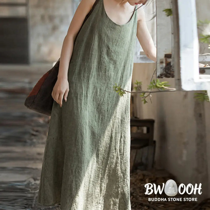 Buddha Stones Summer Spaghetti Strap Handmade Tie Dye Linen Midi Cami Dress - Midi Dress