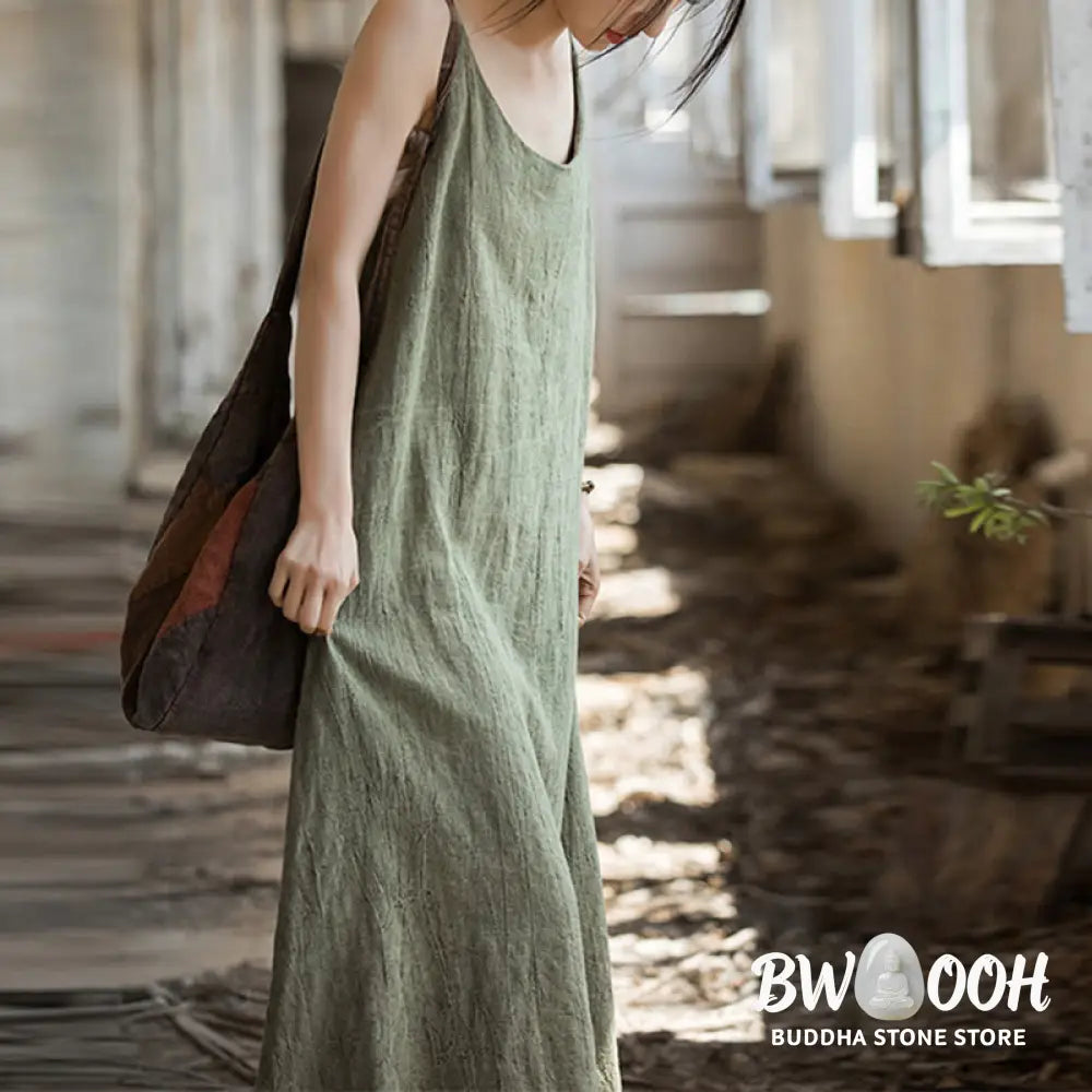 Buddha Stones Summer Spaghetti Strap Handmade Tie Dye Linen Midi Cami Dress - Midi Dress