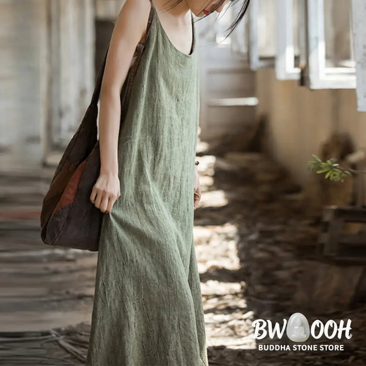 Buddha Stones Summer Spaghetti Strap Handmade Tie Dye Linen Midi Cami Dress - Midi Dress