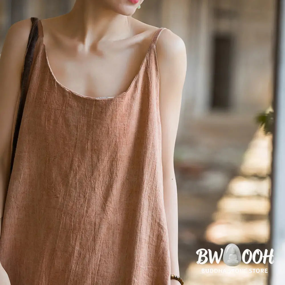 Buddha Stones Summer Spaghetti Strap Handmade Tie Dye Linen Midi Cami Dress - Midi Dress