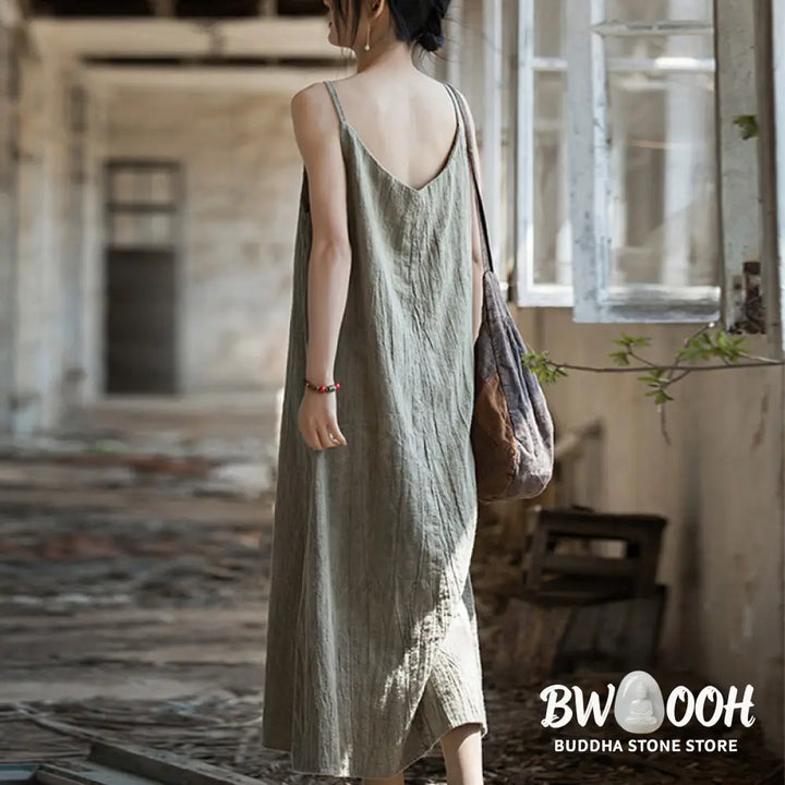 Buddha Stones Summer Spaghetti Strap Handmade Tie Dye Linen Midi Cami Dress - Midi Dress