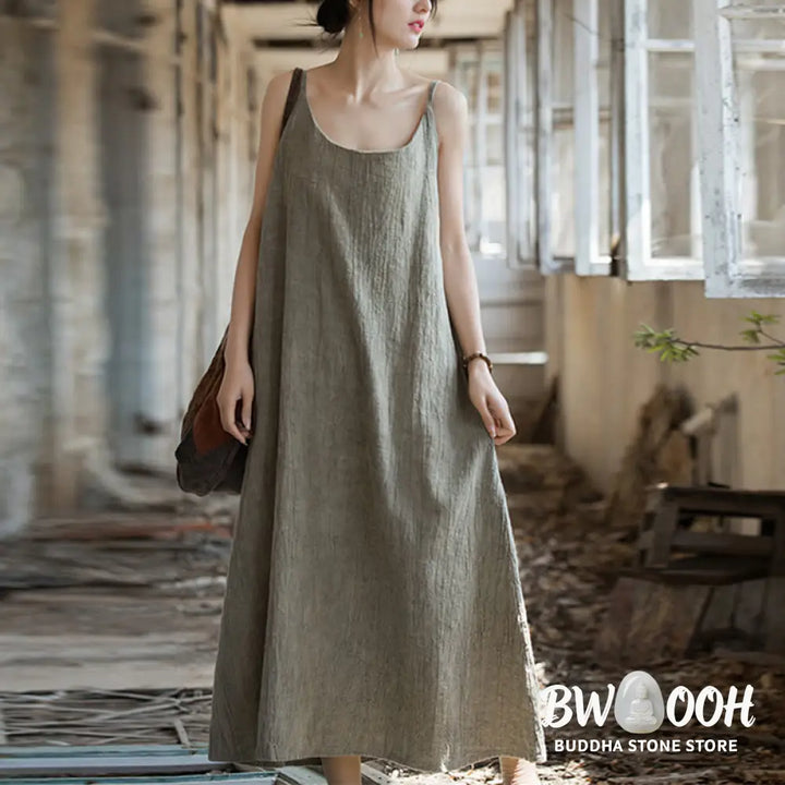 Buddha Stones Summer Spaghetti Strap Handmade Tie Dye Linen Midi Cami Dress - Midi Dress