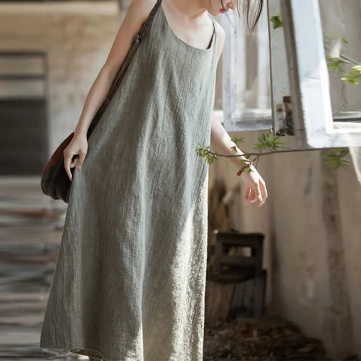 Buddha Stones Summer Spaghetti Strap Handmade Tie Dye Linen Midi Cami Dress - Linen / F(Fit for US4-8/10; UK/AU8-12/14;
