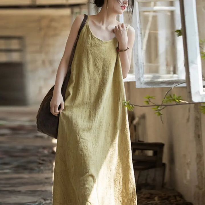 BWOOOH Summer Spaghetti Strap Handmade Tie Dye Linen Midi