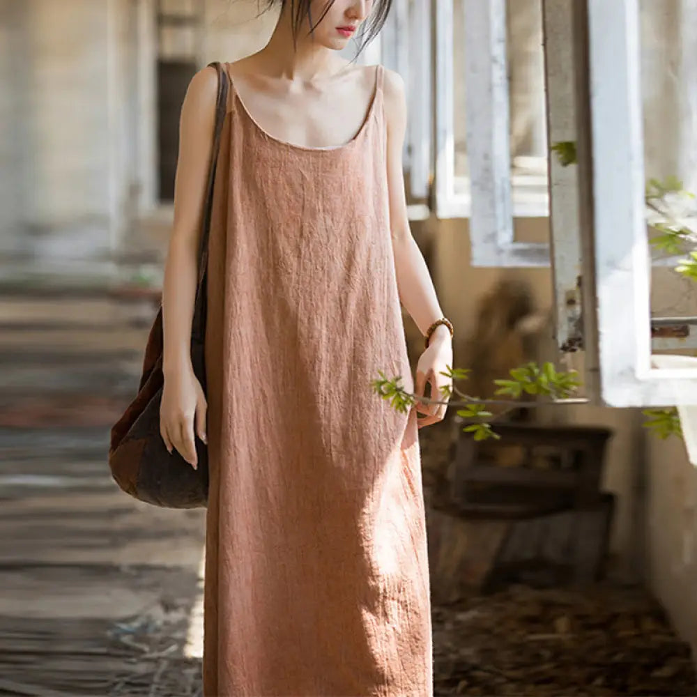 Buddha Stones Summer Spaghetti Strap Handmade Tie Dye Linen Midi Cami Dress - Moccasin / F(Fit for US4-8/10;