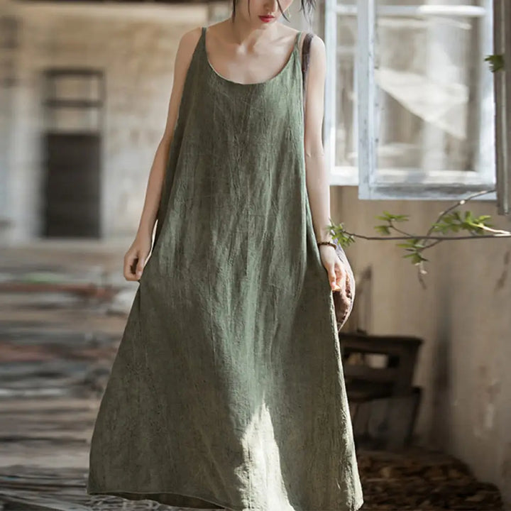 Buddha Stones Summer Spaghetti Strap Handmade Tie Dye Linen Midi Cami Dress - OliveDrab / F(Fit for US4-8/10;