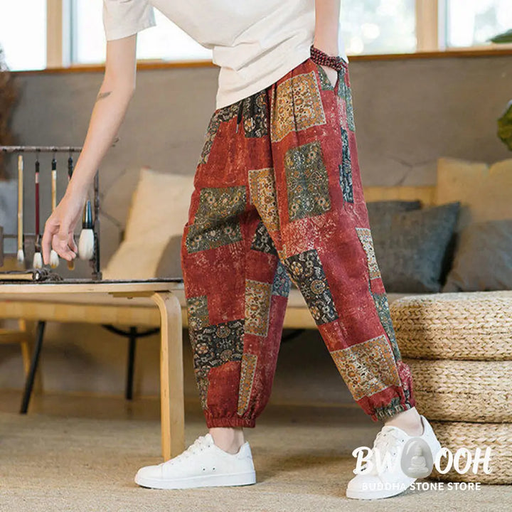 Buddha Stones Summer Square Patchwork Cotton Linen Men’s Ankle-Length Harem Pants With Pockets - Men’s Harem Pants