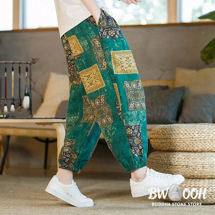 Buddha Stones Summer Square Patchwork Cotton Linen Men’s Ankle-Length Harem Pants With Pockets - Men’s Harem Pants