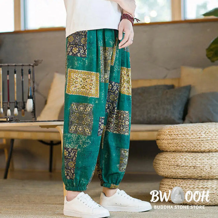 Buddha Stones Summer Square Patchwork Cotton Linen Men’s Ankle-Length Harem Pants With Pockets - Men’s Harem Pants