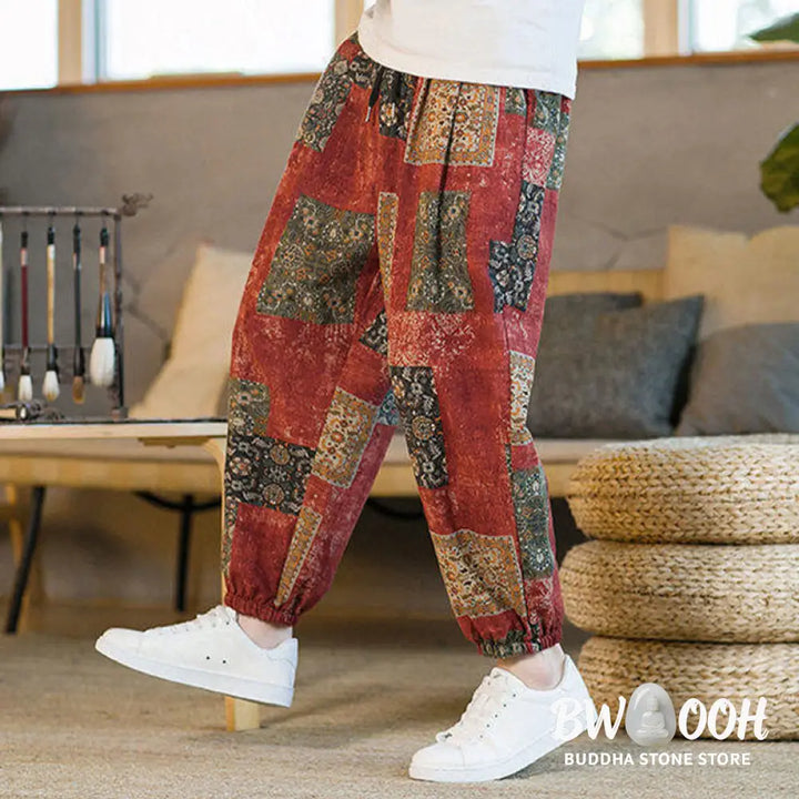 Buddha Stones Summer Square Patchwork Cotton Linen Men’s Ankle-Length Harem Pants With Pockets - Men’s Harem Pants