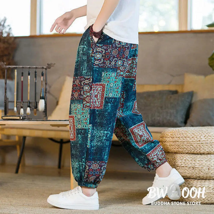 Buddha Stones Summer Square Patchwork Cotton Linen Men’s Ankle-Length Harem Pants With Pockets - Men’s Harem Pants