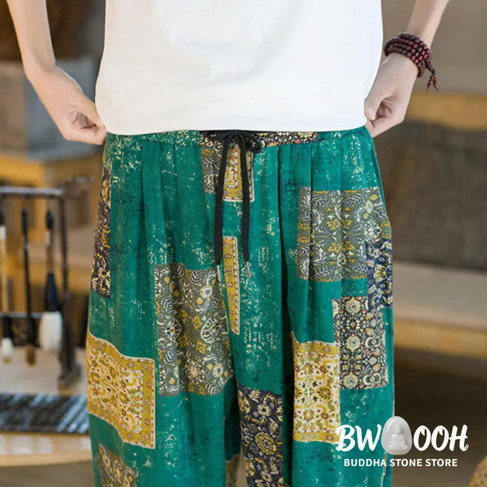 Buddha Stones Summer Square Patchwork Cotton Linen Men’s Ankle-Length Harem Pants With Pockets - Men’s Harem Pants