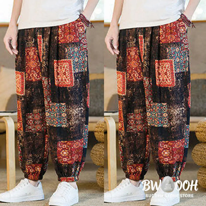 Buddha Stones Summer Square Patchwork Cotton Linen Men’s Ankle-Length Harem Pants With Pockets - Men’s Harem Pants