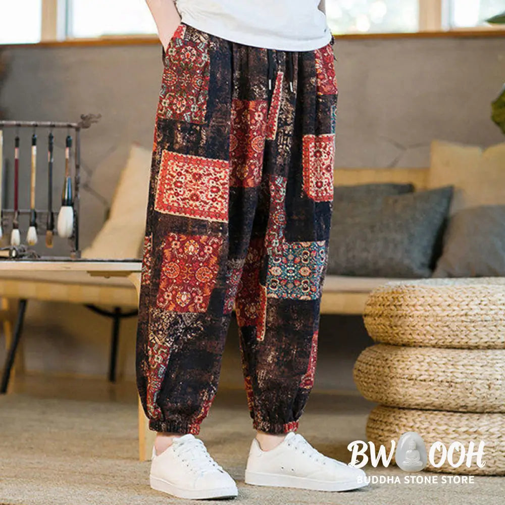 Buddha Stones Summer Square Patchwork Cotton Linen Men’s Ankle-Length Harem Pants With Pockets - Men’s Harem Pants