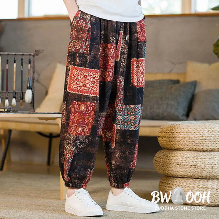 Buddha Stones Summer Square Patchwork Cotton Linen Men’s Ankle-Length Harem Pants With Pockets - Men’s Harem Pants