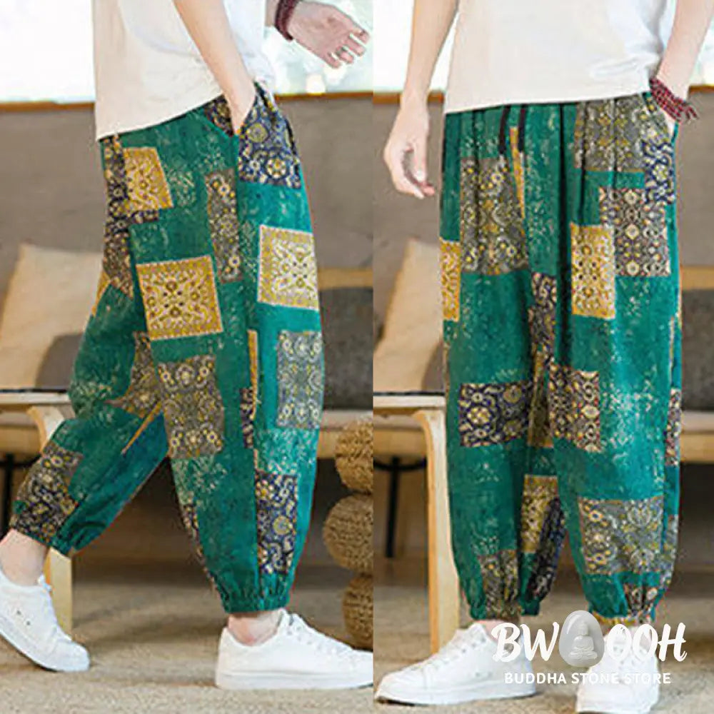 Buddha Stones Summer Square Patchwork Cotton Linen Men’s Ankle-Length Harem Pants With Pockets - Men’s Harem Pants