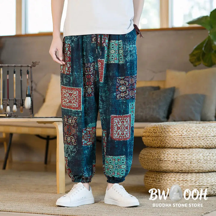 Buddha Stones Summer Square Patchwork Cotton Linen Men’s Ankle-Length Harem Pants With Pockets - Men’s Harem Pants
