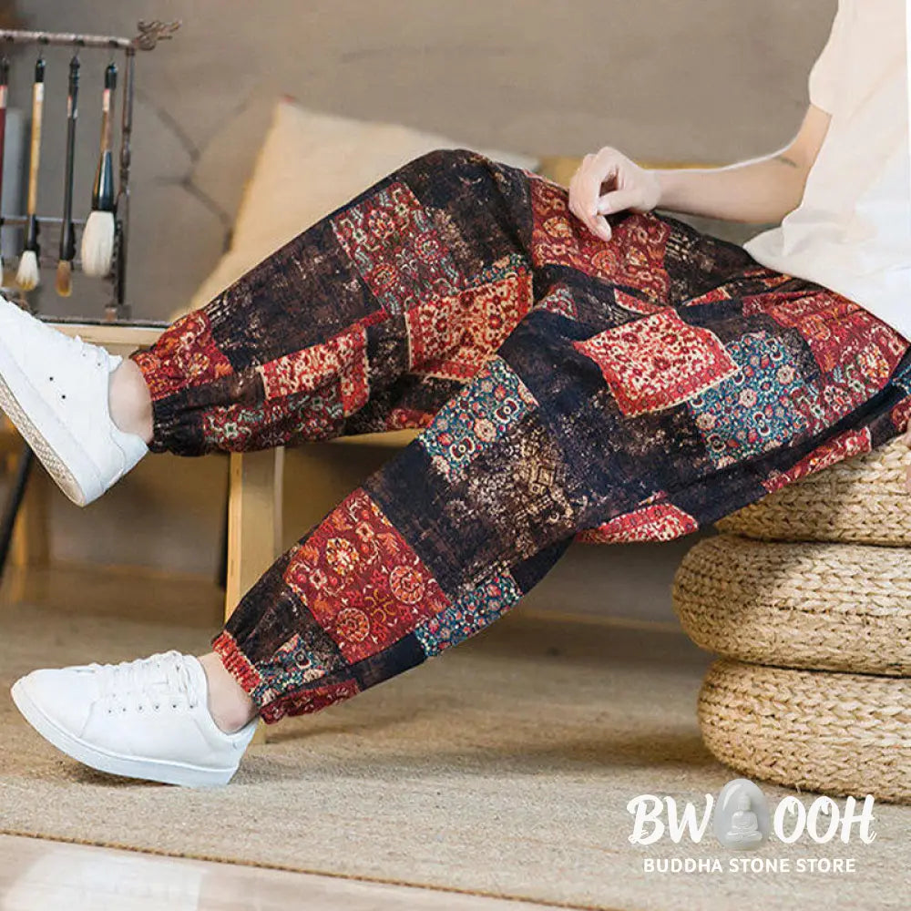 Buddha Stones Summer Square Patchwork Cotton Linen Men’s Ankle-Length Harem Pants With Pockets - Men’s Harem Pants