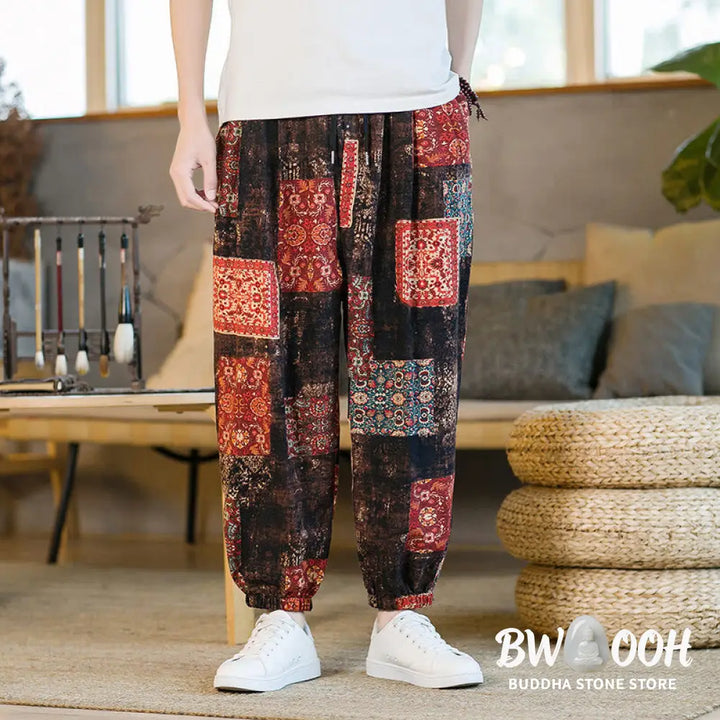 Buddha Stones Summer Square Patchwork Cotton Linen Men’s Ankle-Length Harem Pants With Pockets - Men’s Harem Pants