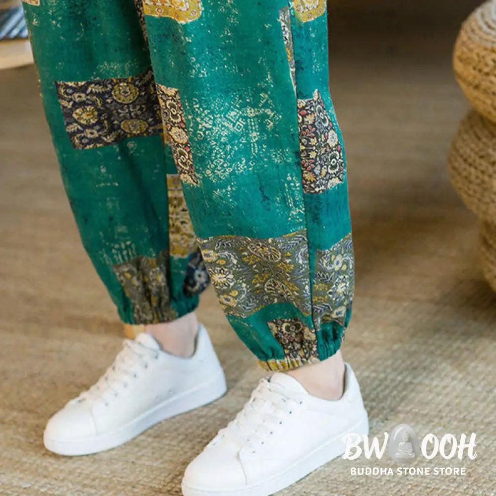 Buddha Stones Summer Square Patchwork Cotton Linen Men’s Ankle-Length Harem Pants With Pockets - Men’s Harem Pants