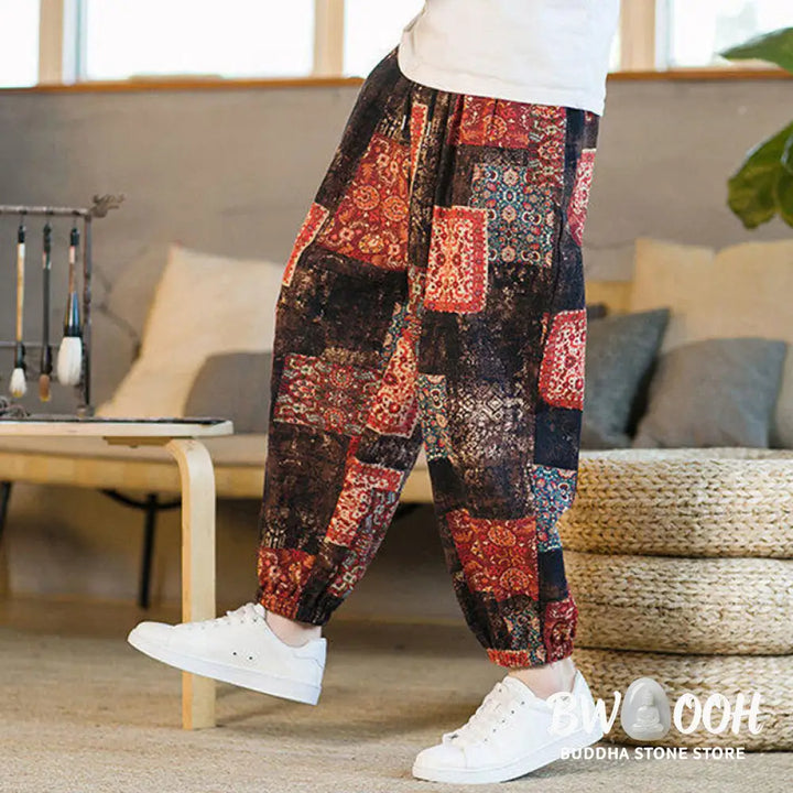 Buddha Stones Summer Square Patchwork Cotton Linen Men’s Ankle-Length Harem Pants With Pockets - Men’s Harem Pants