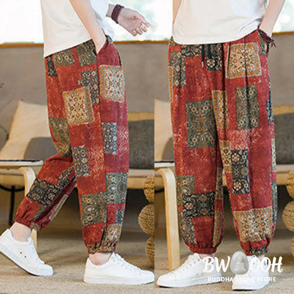 Buddha Stones Summer Square Patchwork Cotton Linen Men’s Ankle-Length Harem Pants With Pockets - Men’s Harem Pants