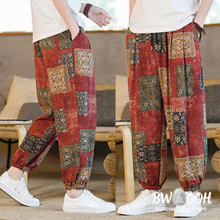Buddha Stones Summer Square Patchwork Cotton Linen Men’s Ankle-Length Harem Pants With Pockets - Men’s Harem Pants