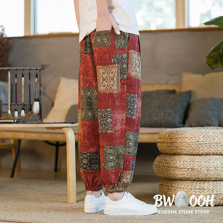 Buddha Stones Summer Square Patchwork Cotton Linen Men’s Ankle-Length Harem Pants With Pockets - Men’s Harem Pants