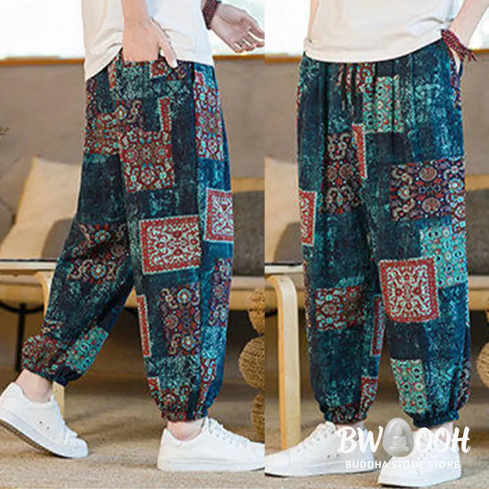 Buddha Stones Summer Square Patchwork Cotton Linen Men’s Ankle-Length Harem Pants With Pockets - Men’s Harem Pants