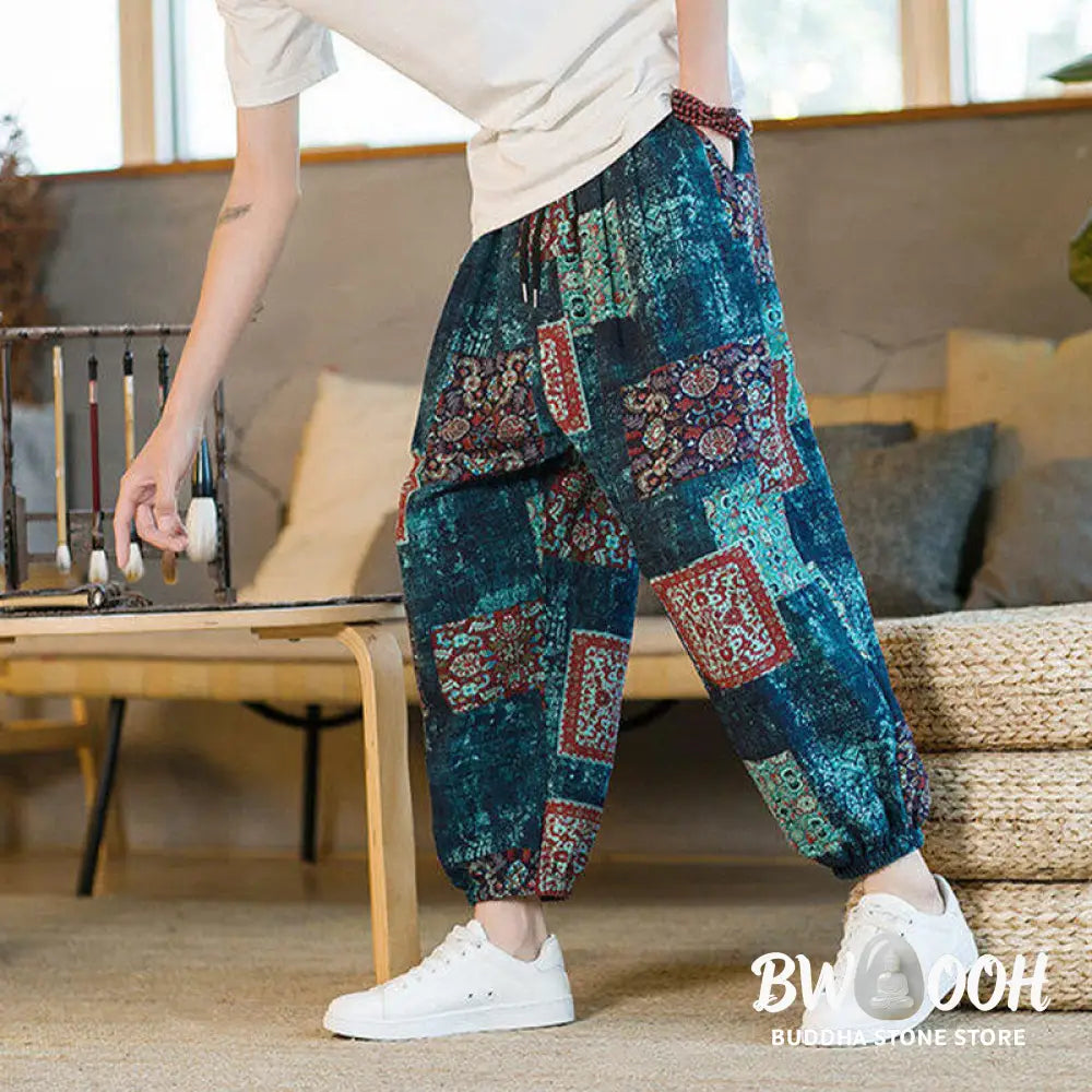 Buddha Stones Summer Square Patchwork Cotton Linen Men’s Ankle-Length Harem Pants With Pockets - Men’s Harem Pants
