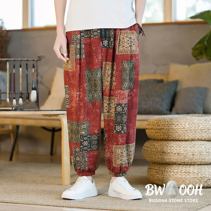 Buddha Stones Summer Square Patchwork Cotton Linen Men’s Ankle-Length Harem Pants With Pockets - Men’s Harem Pants