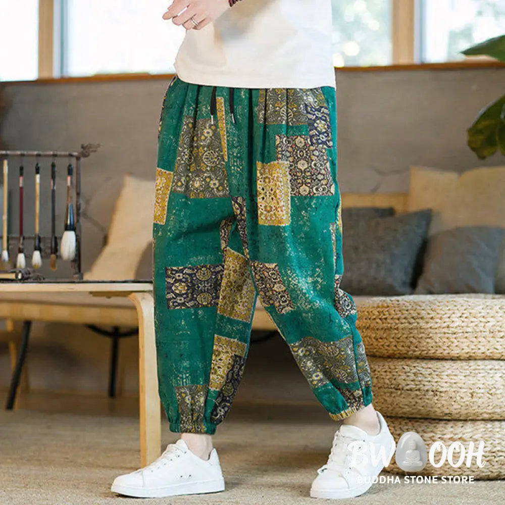 Buddha Stones Summer Square Patchwork Cotton Linen Men’s Ankle-Length Harem Pants With Pockets - Men’s Harem Pants