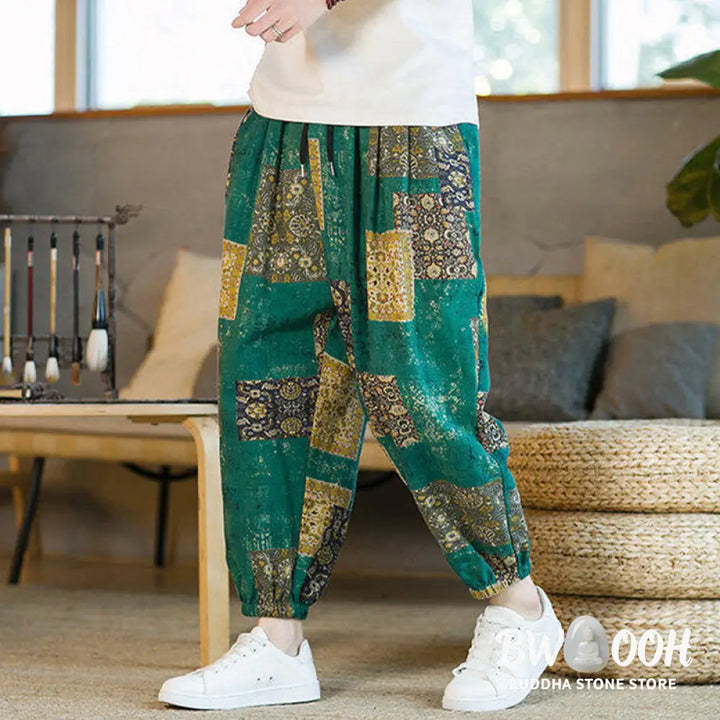 Buddha Stones Summer Square Patchwork Cotton Linen Men’s Ankle-Length Harem Pants With Pockets - Men’s Harem Pants