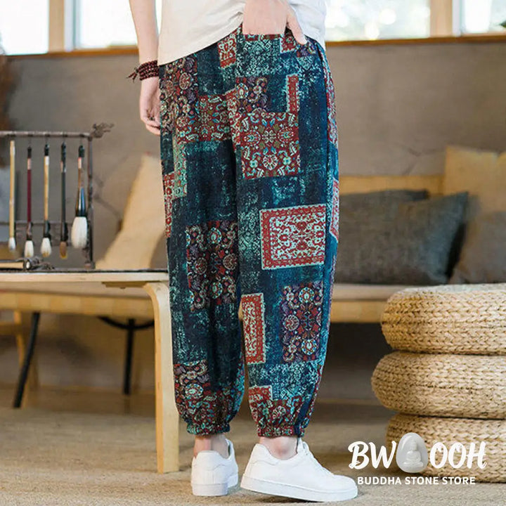Buddha Stones Summer Square Patchwork Cotton Linen Men’s Ankle-Length Harem Pants With Pockets - Men’s Harem Pants