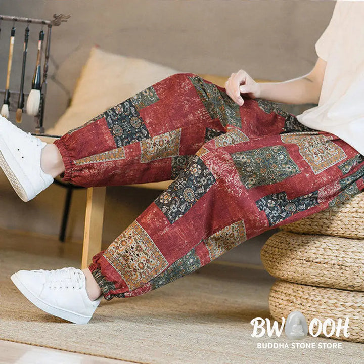 Buddha Stones Summer Square Patchwork Cotton Linen Men’s Ankle-Length Harem Pants With Pockets - Men’s Harem Pants