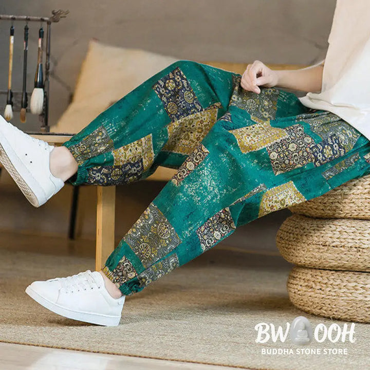 Buddha Stones Summer Square Patchwork Cotton Linen Men’s Ankle-Length Harem Pants With Pockets - Men’s Harem Pants