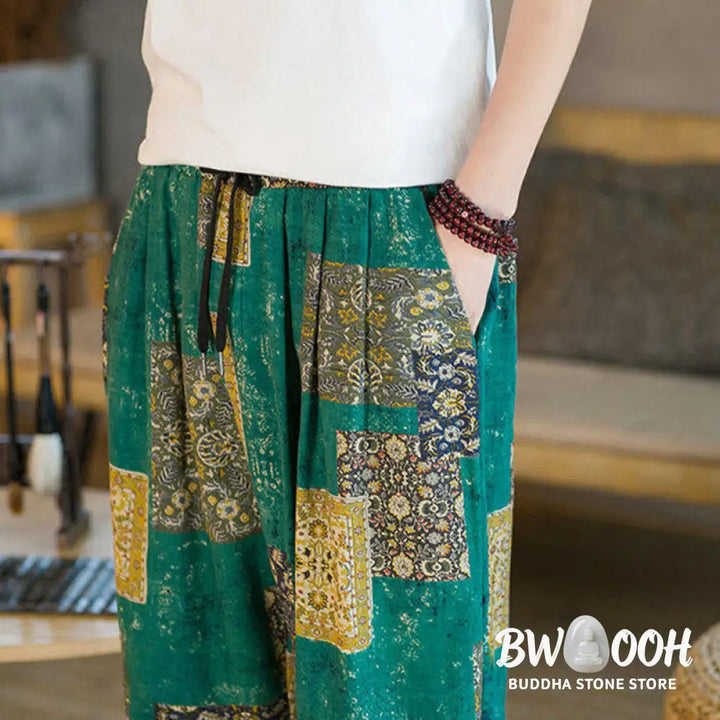 Buddha Stones Summer Square Patchwork Cotton Linen Men’s Ankle-Length Harem Pants With Pockets - Men’s Harem Pants
