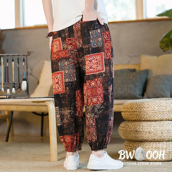 Buddha Stones Summer Square Patchwork Cotton Linen Men’s Ankle-Length Harem Pants With Pockets - Men’s Harem Pants