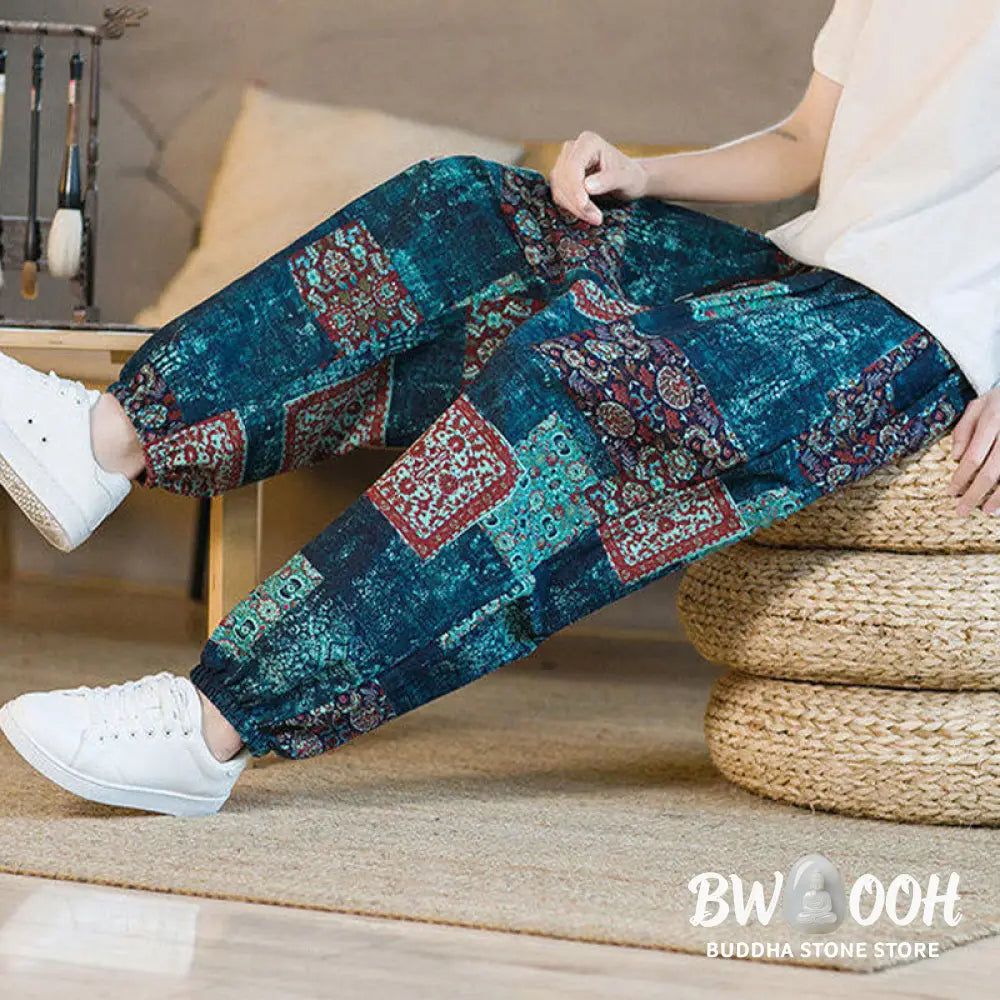 Buddha Stones Summer Square Patchwork Cotton Linen Men’s Ankle-Length Harem Pants With Pockets - Men’s Harem Pants